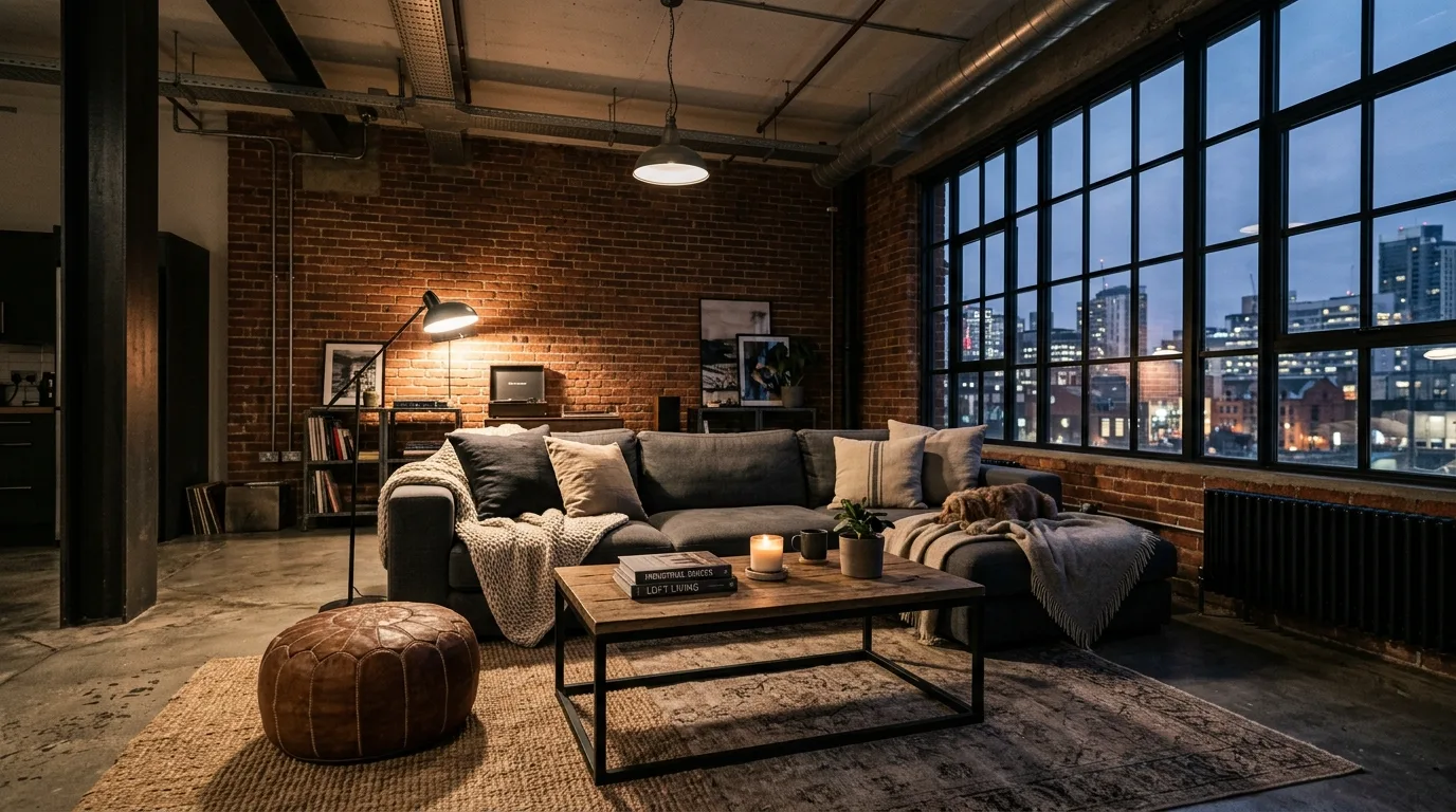 Dark grey modular sofa and brown leather pouf in an industrial loft.
