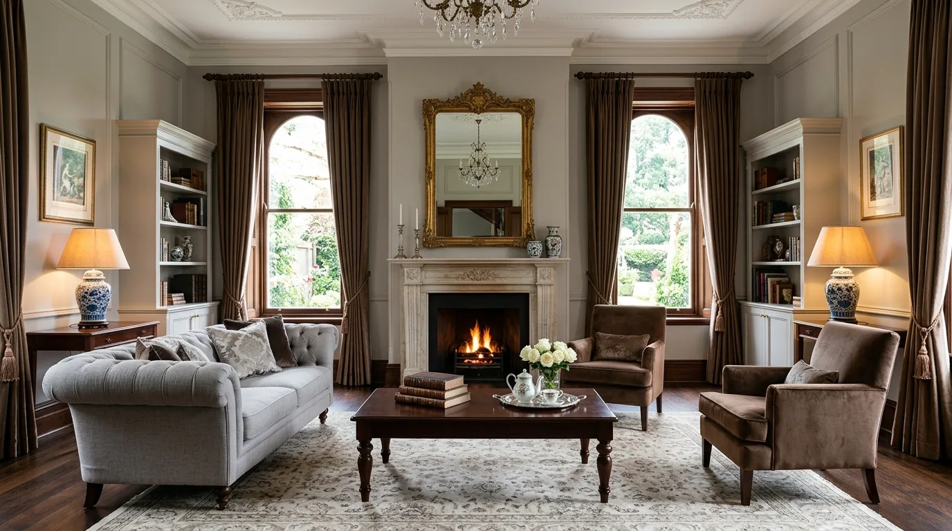 Dove grey sofa with brown velvet curtains and classic fireplace styling.