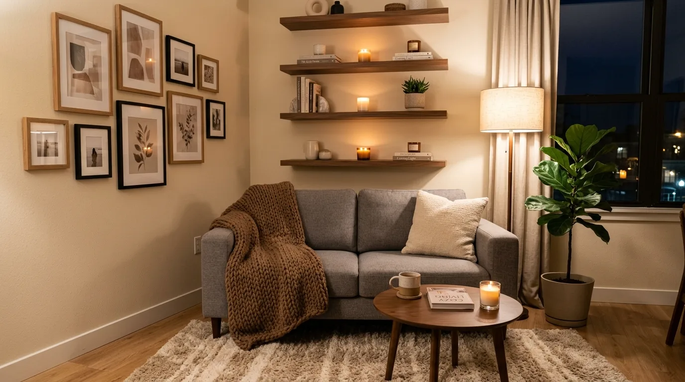 Compact grey loveseat with walnut coffee table and warm knit throw.
