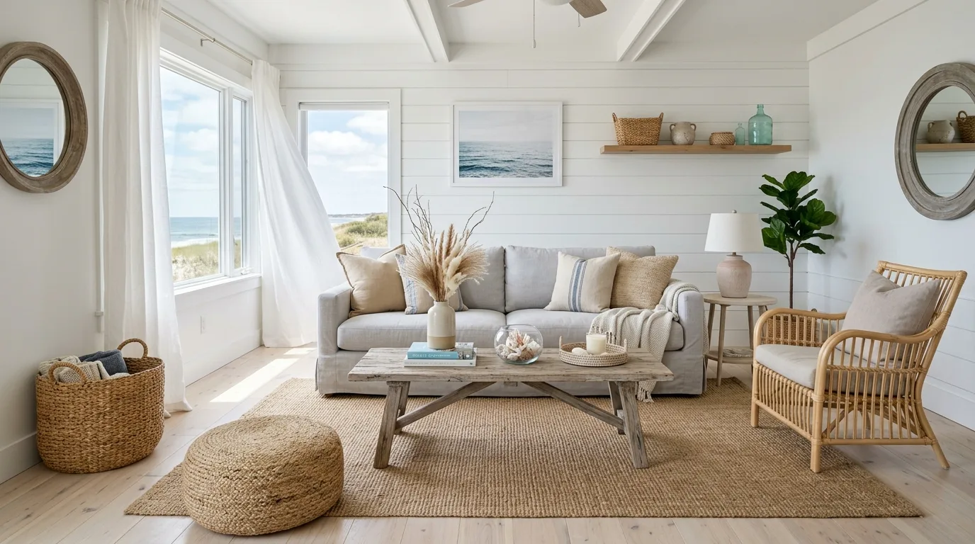 Pale grey sofa with driftwood table in a bright coastal room.