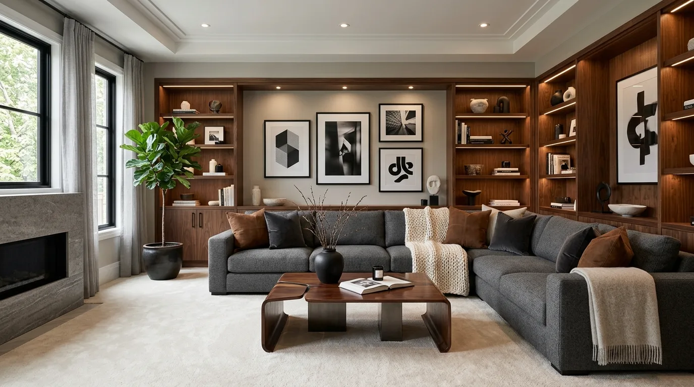 Graphite grey sectional with rich walnut built-ins and brown suede pillows.
