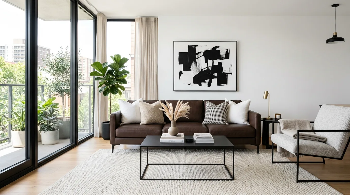 Modern living room with chocolate brown couch, cream rug, and black coffee table.