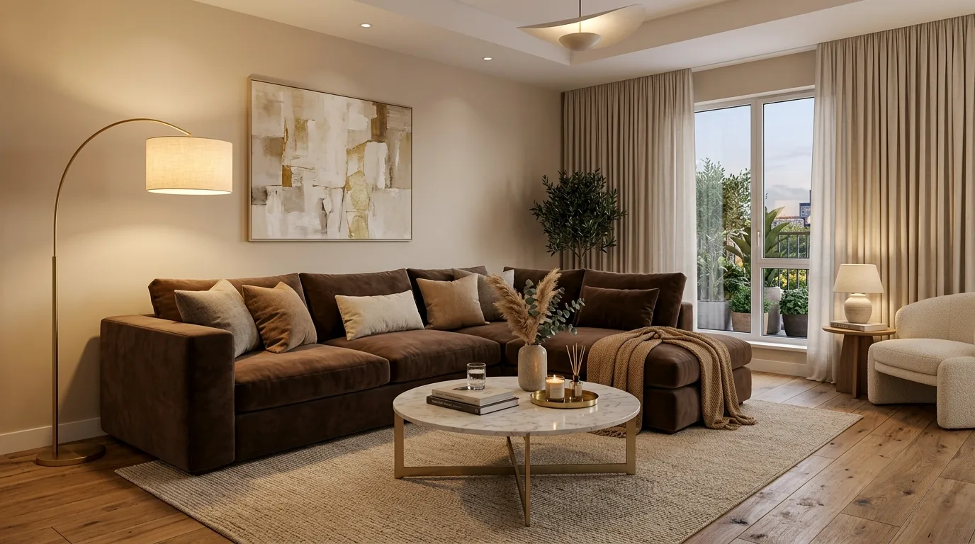 Chocolate brown velvet sofa with marble table and gold accents.