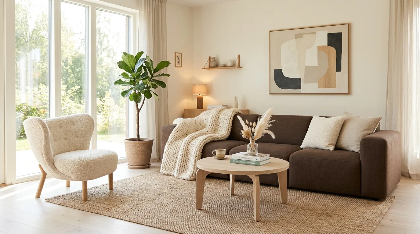 Low-profile chocolate couch with cream throw and pale wood coffee table.