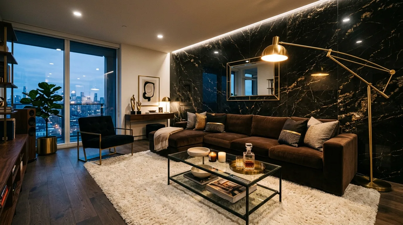 Deep chocolate brown sectional in luxurious modern room with black marble accent wall.