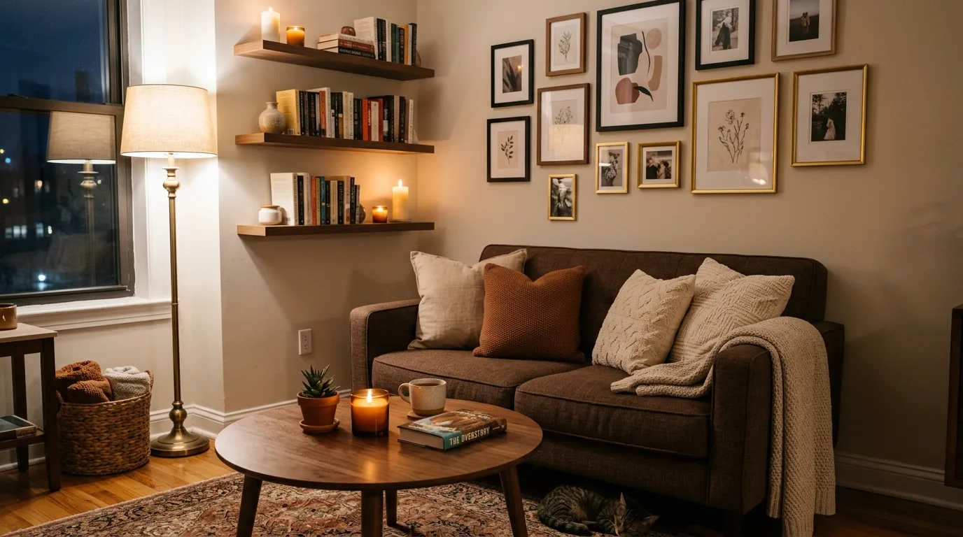 Compact chocolate brown loveseat styled in a warm modern apartment.