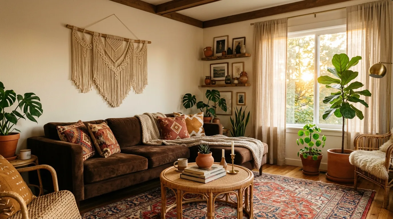 Chocolate brown couch styled with patterned rust pillows and rattan accents.