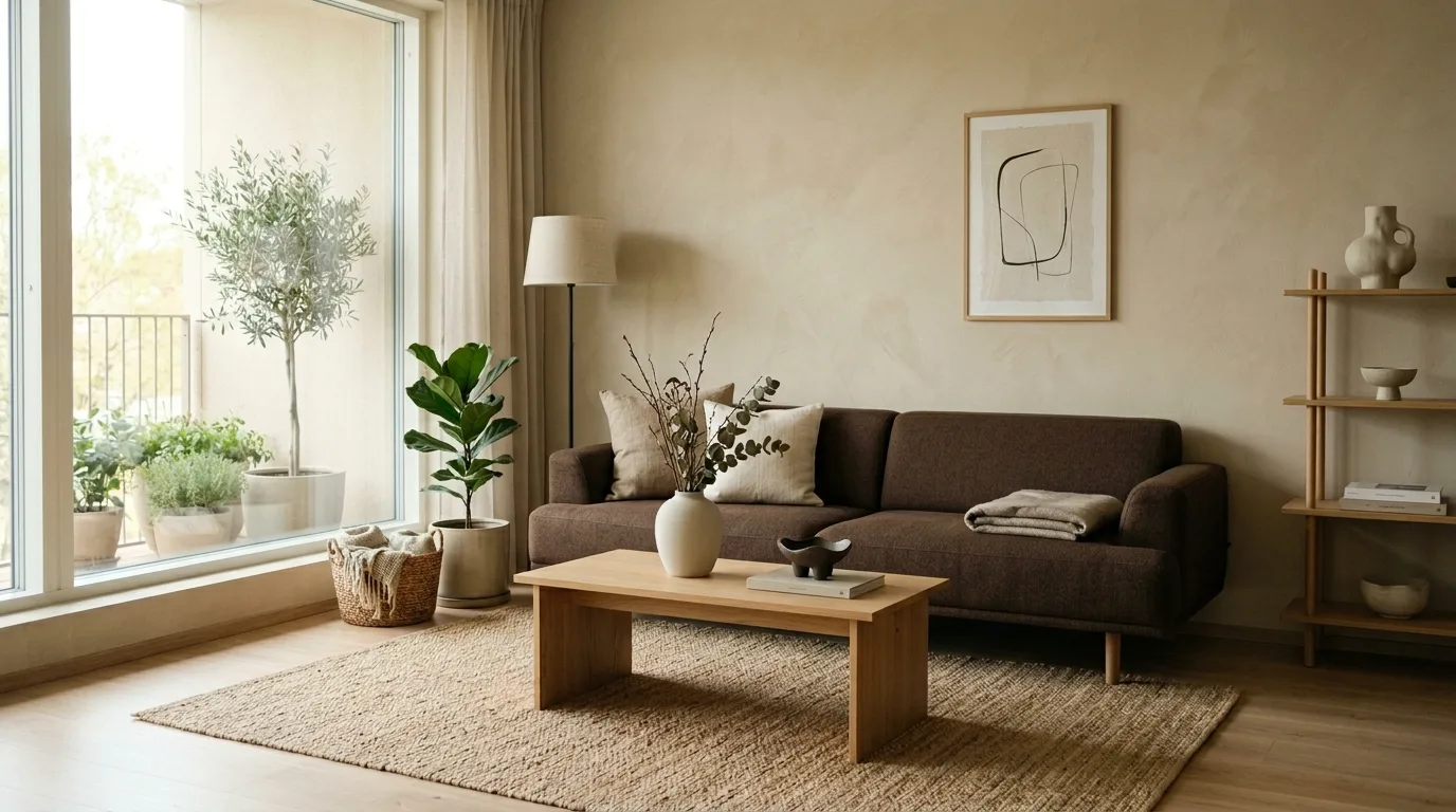 Chocolate brown low-profile sofa in serene Japandi room.
