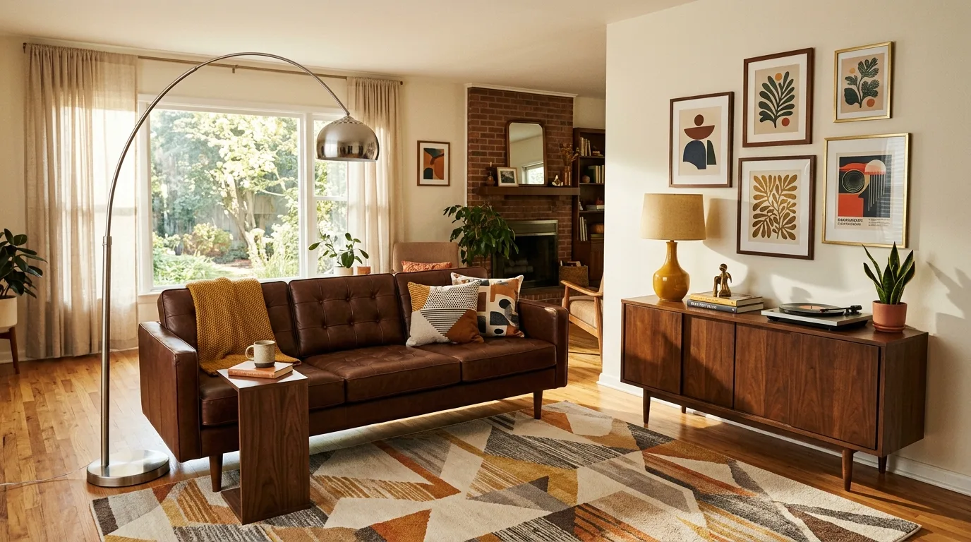 Tufted chocolate brown leather couch with walnut credenza and retro accents.