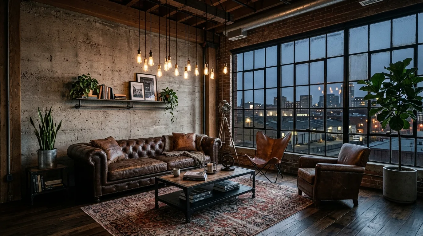 Dark chocolate brown Chesterfield sofa in industrial loft with concrete wall.