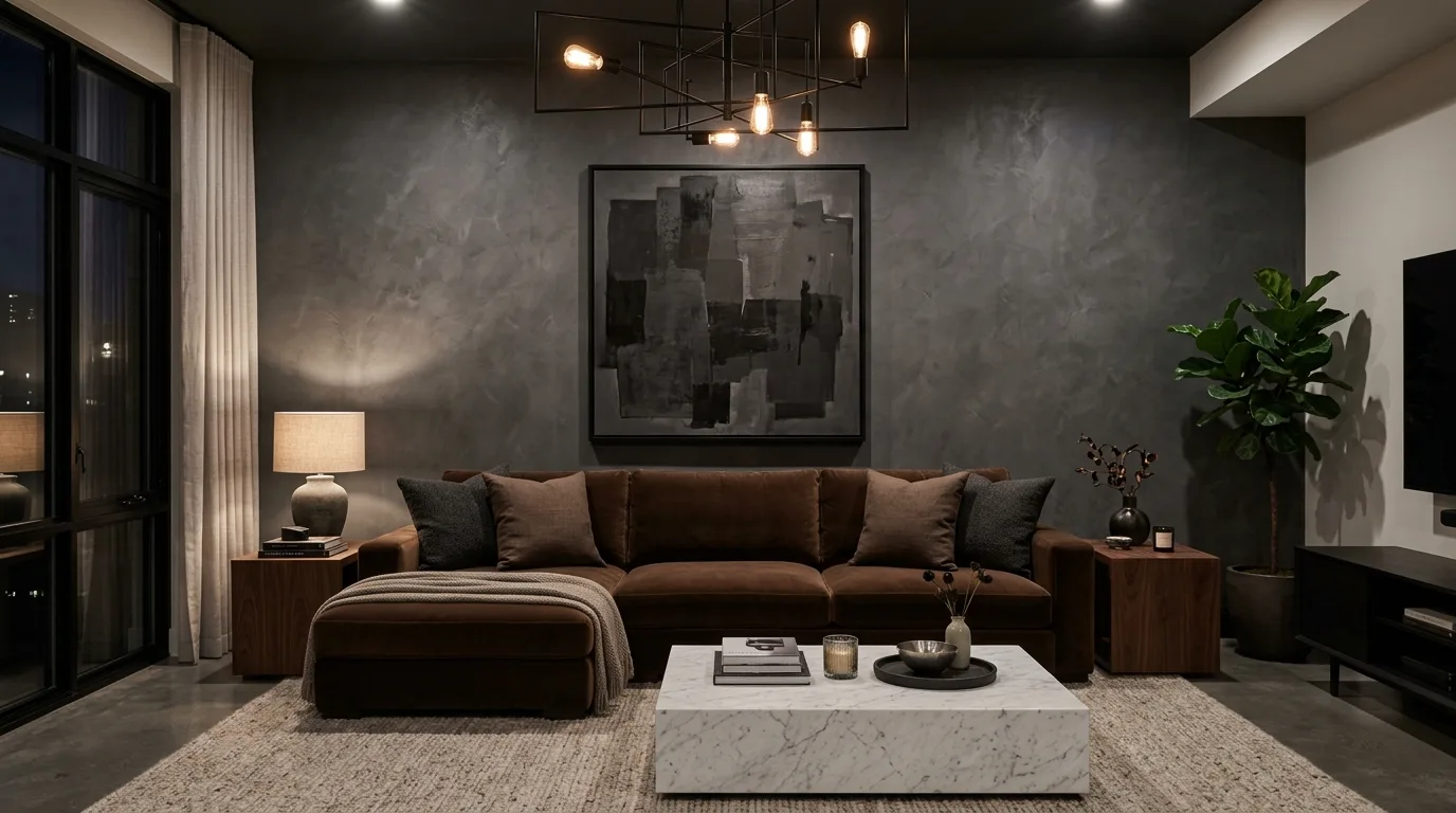 Chocolate brown couch against charcoal wall with marble and walnut accents.