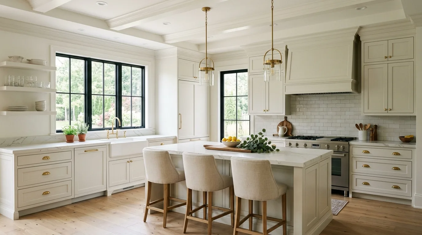 pair the main finish with supportive materials in a kitchen inspired by classic white dove timeless.