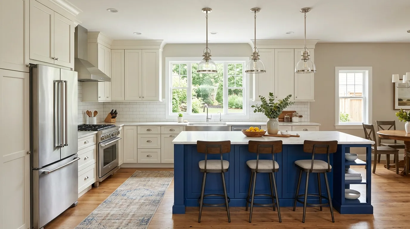 balance the palette with breathable contrast in a kitchen inspired by classic white dove timeless.