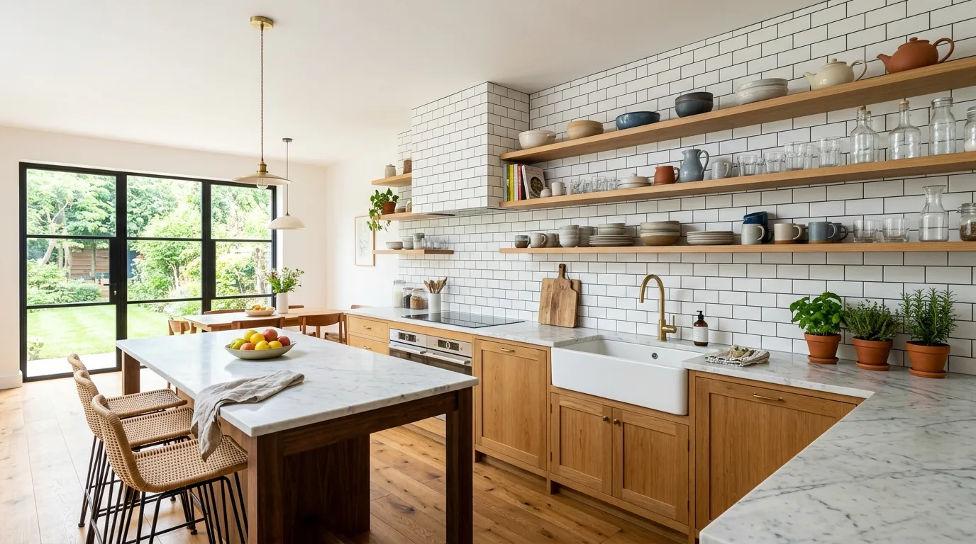 Kitchen without upper cabinets using clever open shelving ideas.