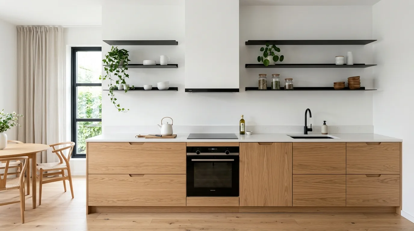 Breathing wall space in a kitchen without upper cabinets.