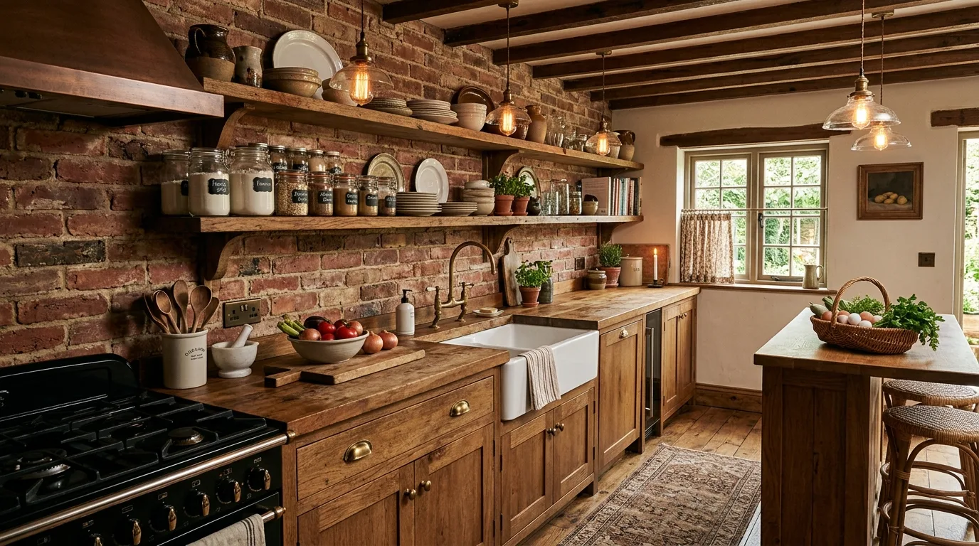 Open shelves used with restraint in a kitchen.