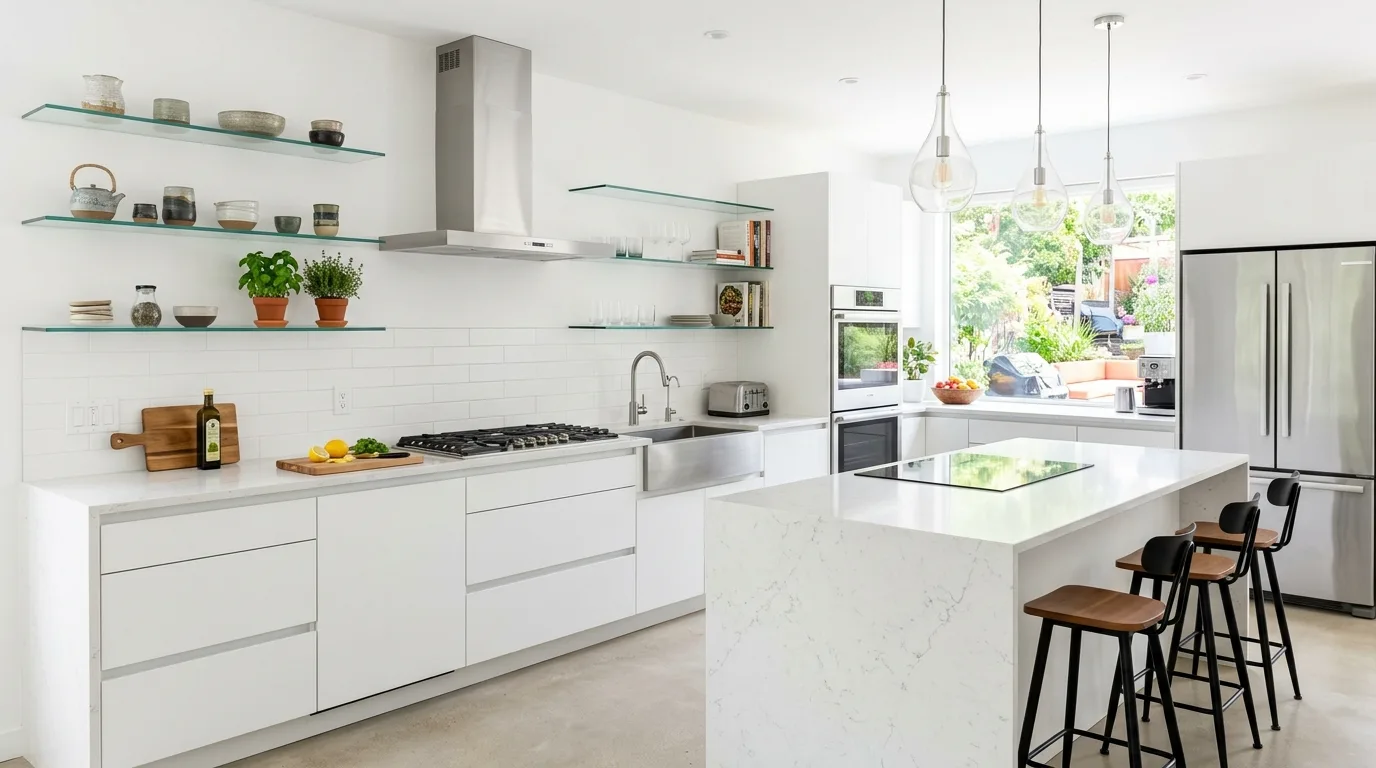 Strong lower cabinets anchoring a kitchen without uppers.