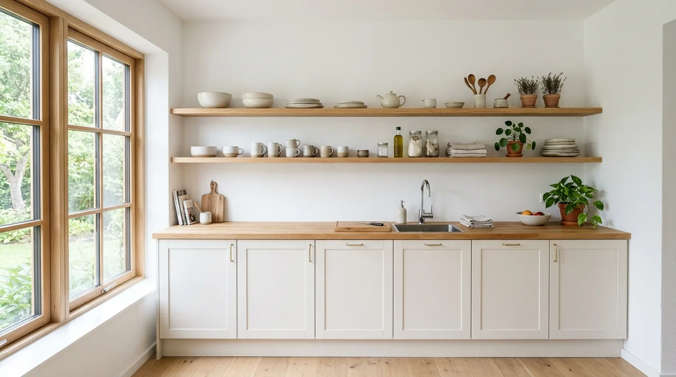 Hooks and rails adding utility to a kitchen without upper cabinets.
