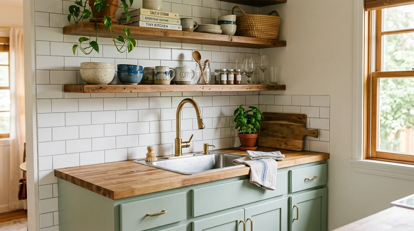 Calm clean palette in a kitchen without upper cabinets.