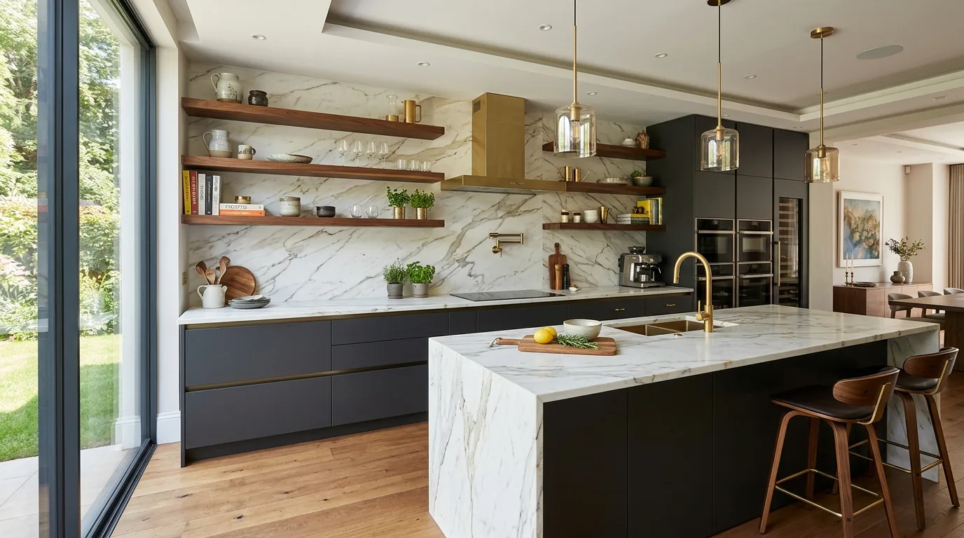 Open space treated as part of the kitchen design.