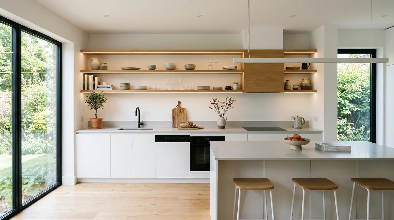 Open smart kitchen without upper cabinets.