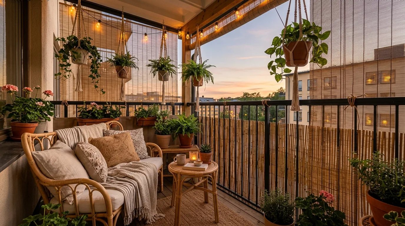 Small balcony styled with privacy ideas for a secluded hideaway feel.