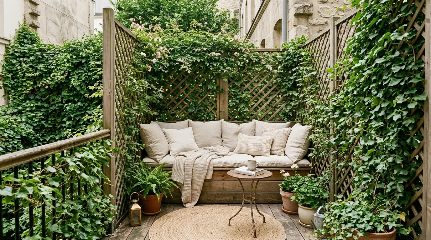 Narrow privacy screen making a small balcony feel more secluded.