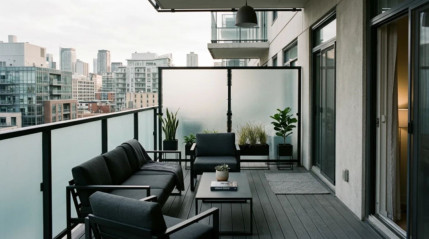 Light outdoor curtains adding privacy to a small balcony.