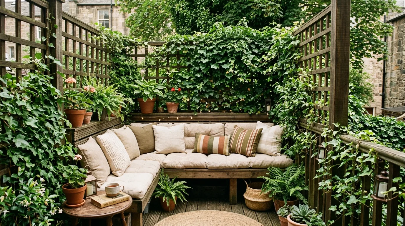 Decorative railing panel adding privacy to a compact balcony.