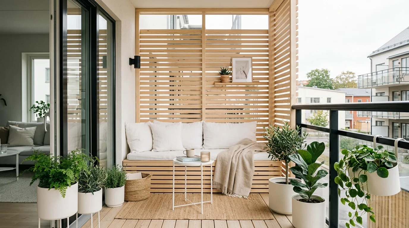 Climbing plants on a trellis creating privacy on a small balcony.