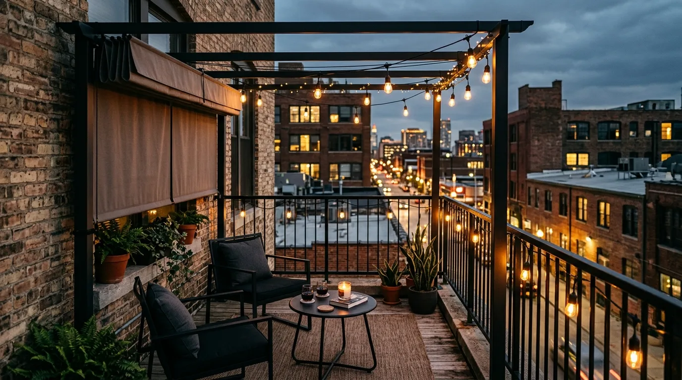 Balcony seating placed away from the most exposed edge for privacy.