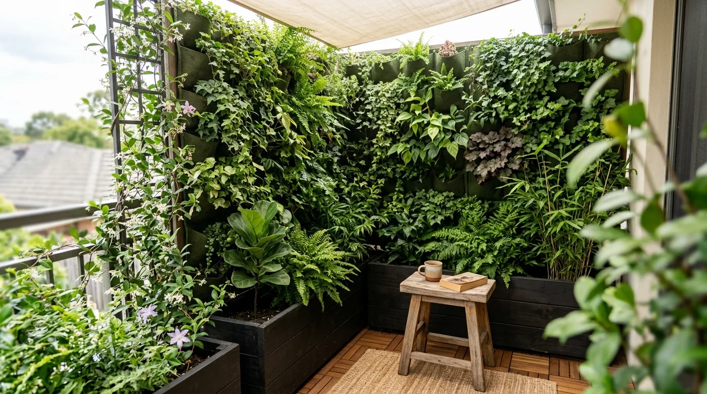 Hanging planters breaking sightlines and adding privacy to a balcony.