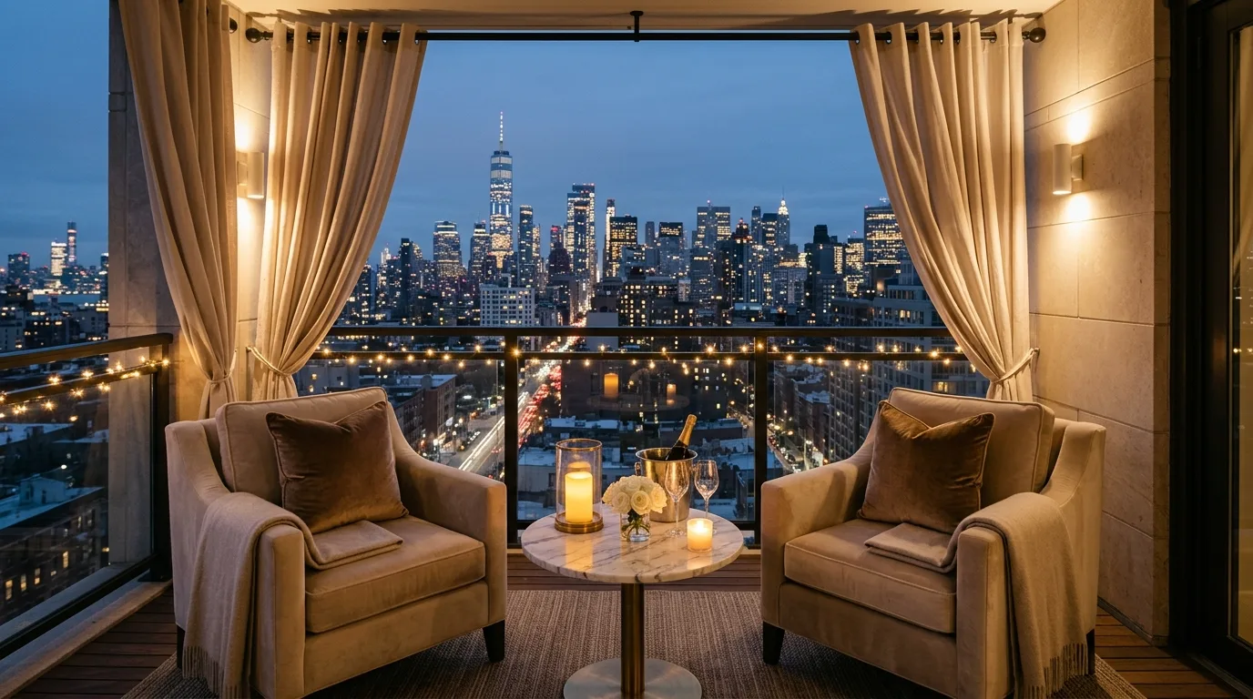 Layered balcony privacy approach using screens, plants, and texture.