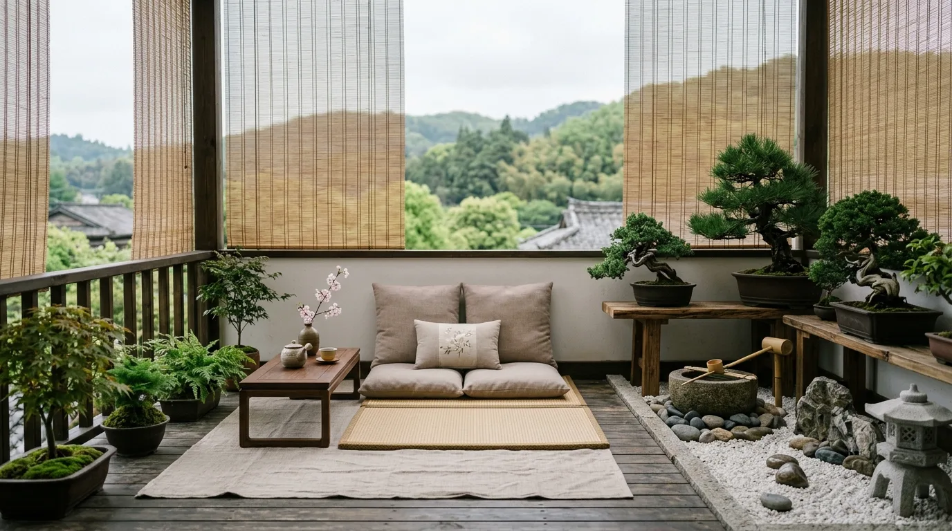 Protected corner seating area on a small private balcony.