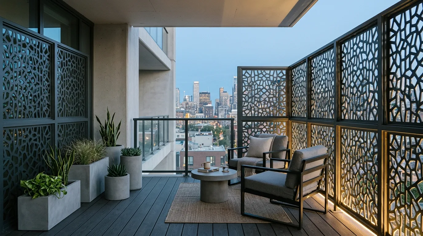 Warm balcony lighting enhancing a secluded hideaway feeling.