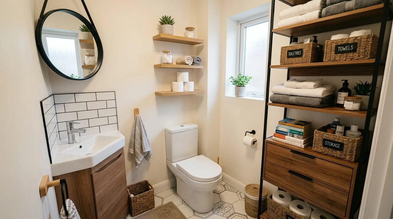 use decor that reinforces the look in a bathroom inspired by clever maximize tiny footprint.
