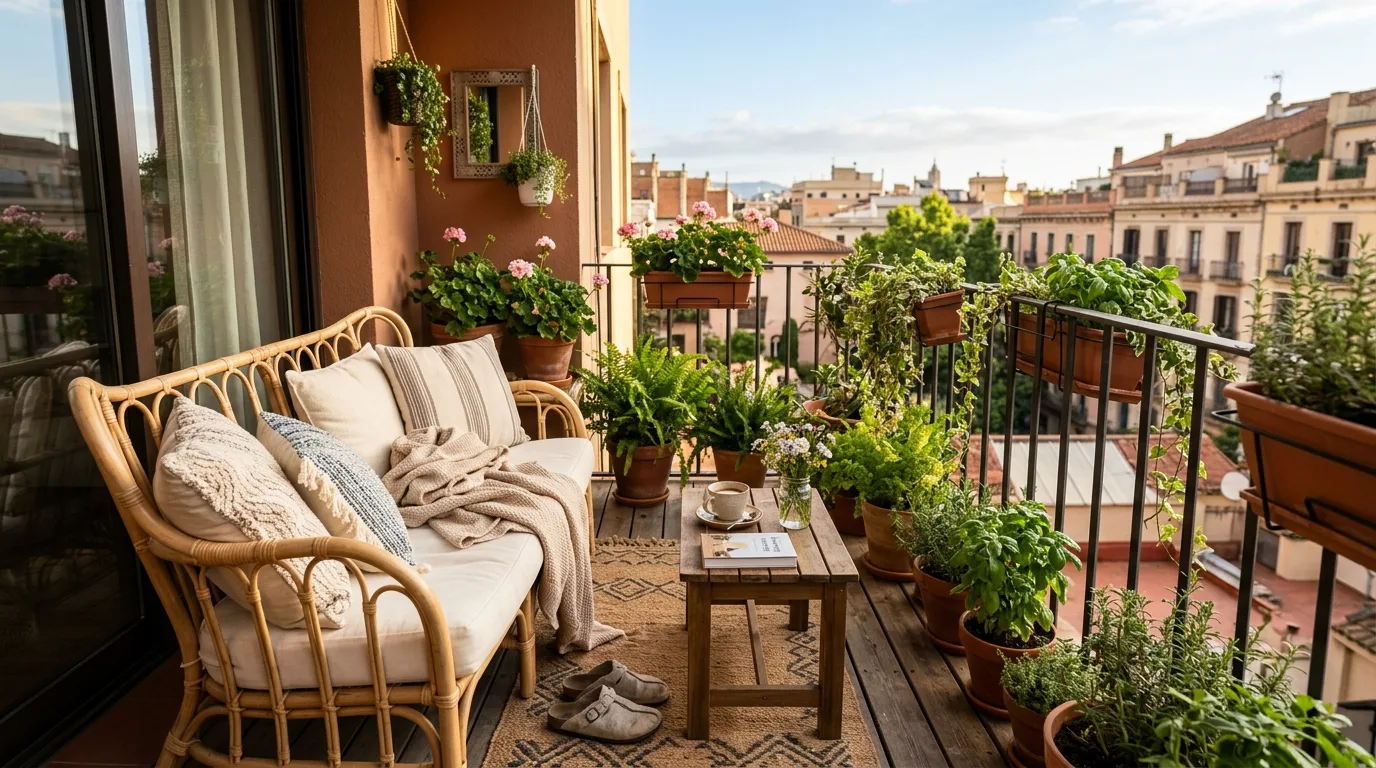 Comfortable small balcony seating arranged for sipping coffee outdoors.