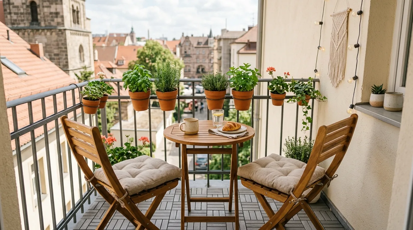 Slim cafe chair and tiny table on a compact coffee balcony.