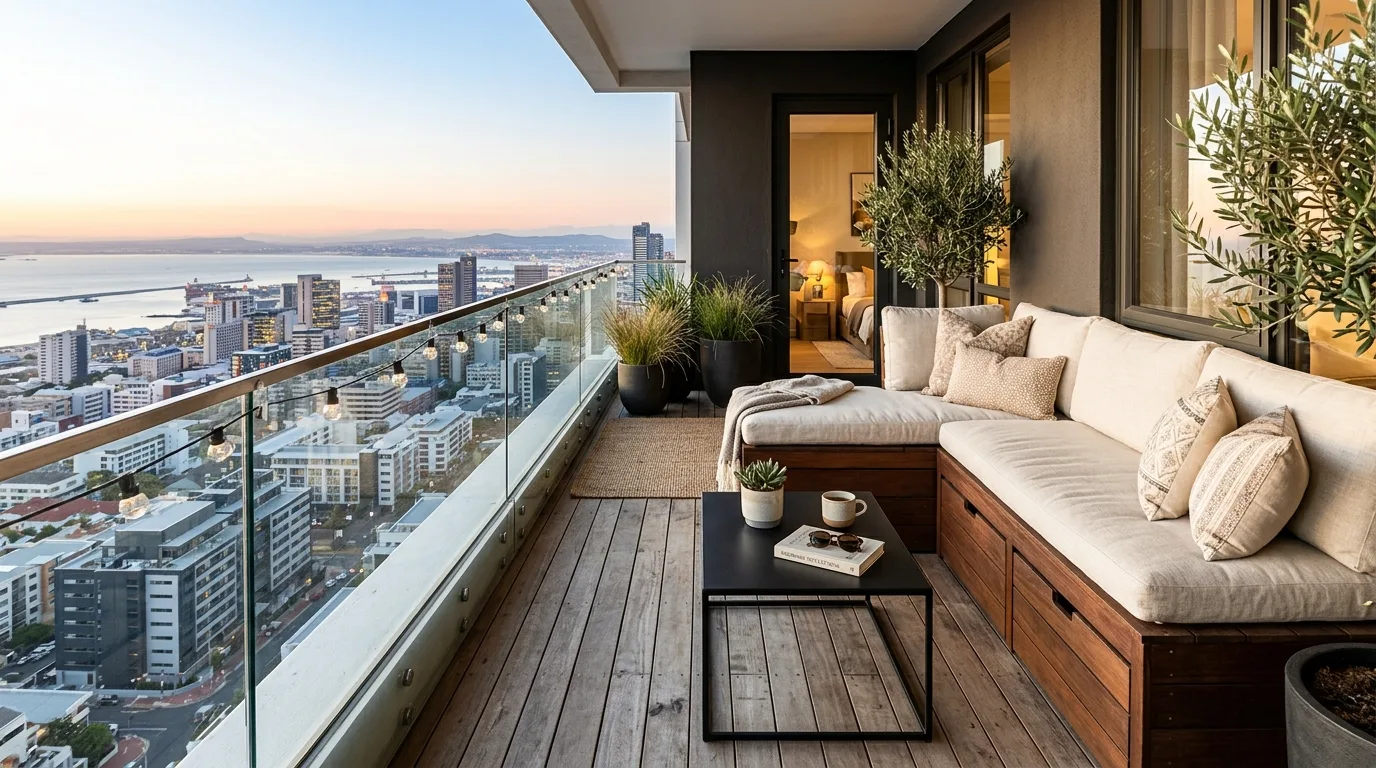 Narrow balcony bench placed along the wall for coffee seating.