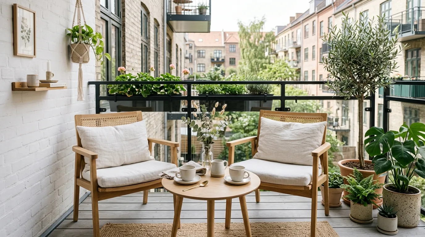 Corner chair creating a tucked-in cozy coffee spot on a balcony.
