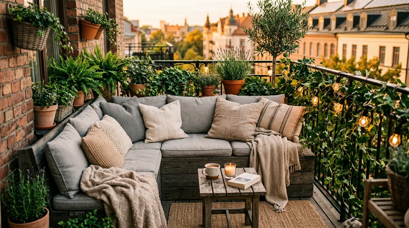 Balcony coffee seat layered with a cushion and lightweight throw.
