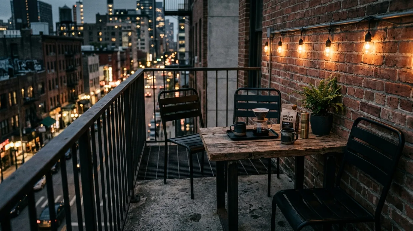 Low seating creating a relaxed mood on a small coffee balcony.