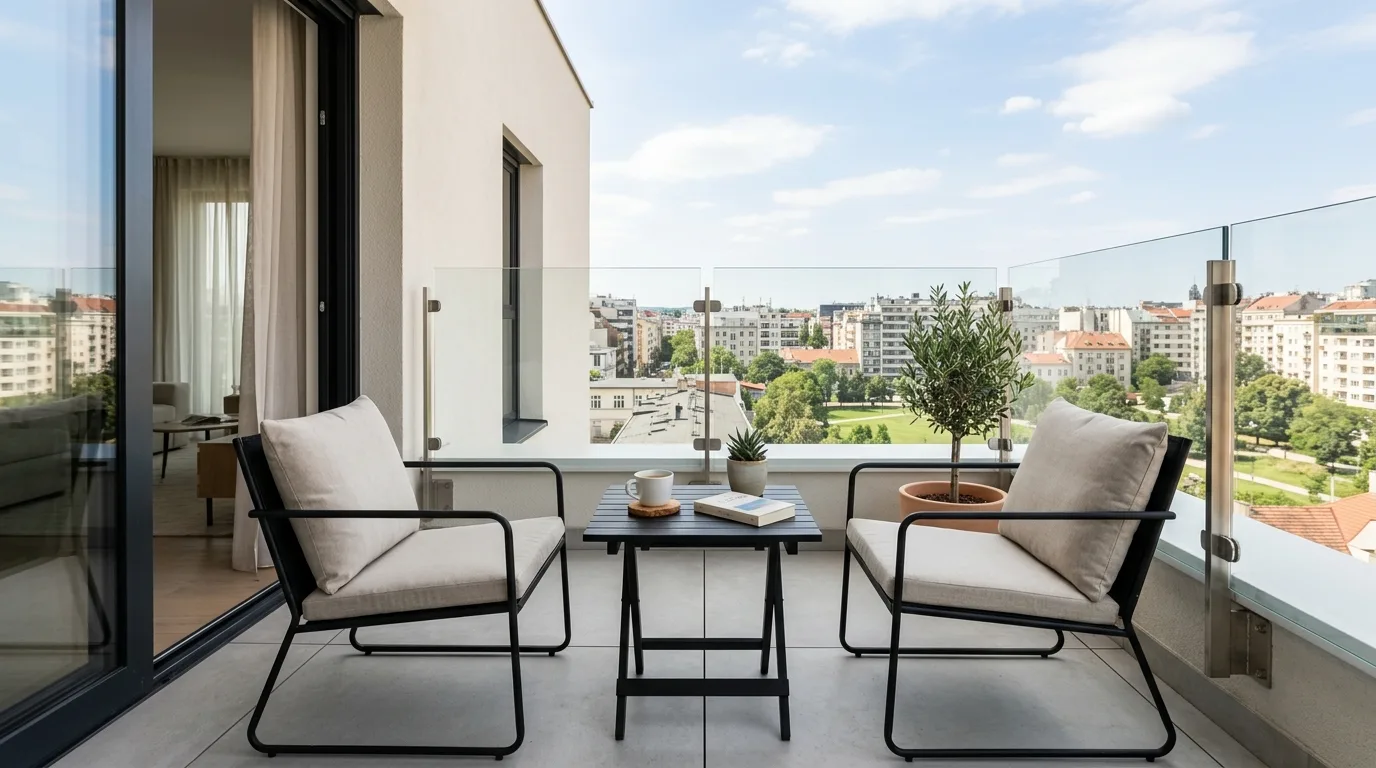Balcony coffee seating positioned to enjoy the best morning light.