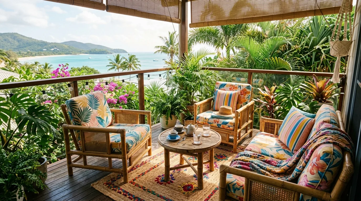 Visually calm small balcony seating area designed for coffee.