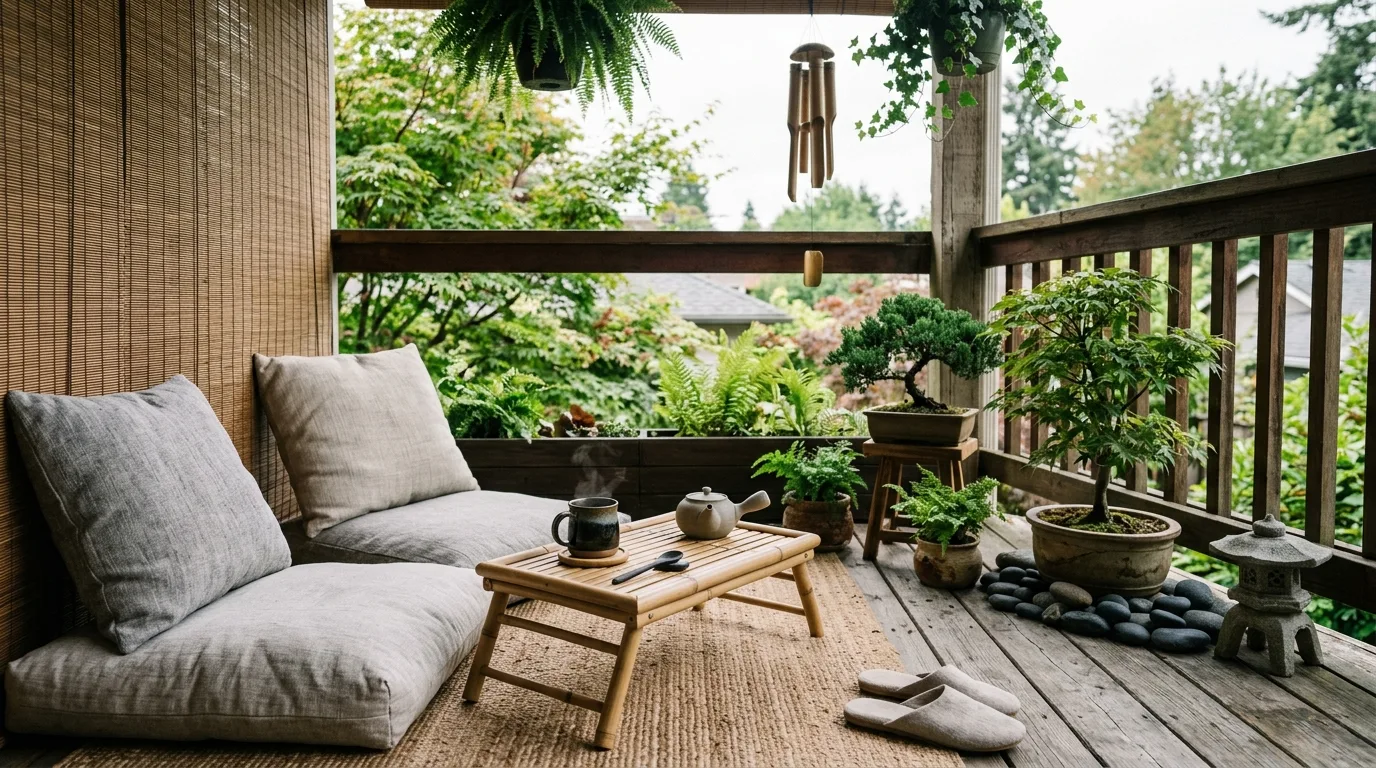Comfortable balcony seating turning coffee into a calming ritual.
