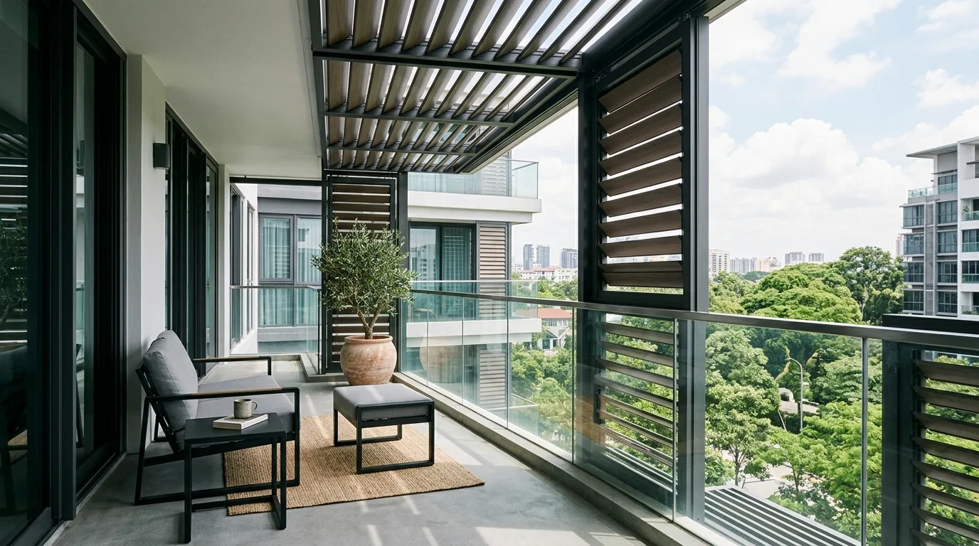 use decor that supports daily living in a balcony inspired by cool shade hot summer.