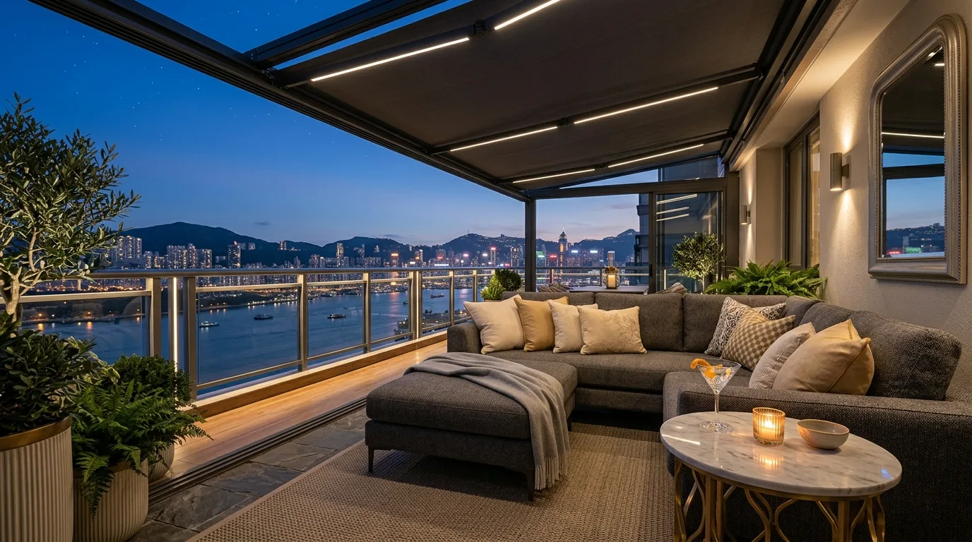 create a balcony that feels complete in a balcony inspired by cool shade hot summer.