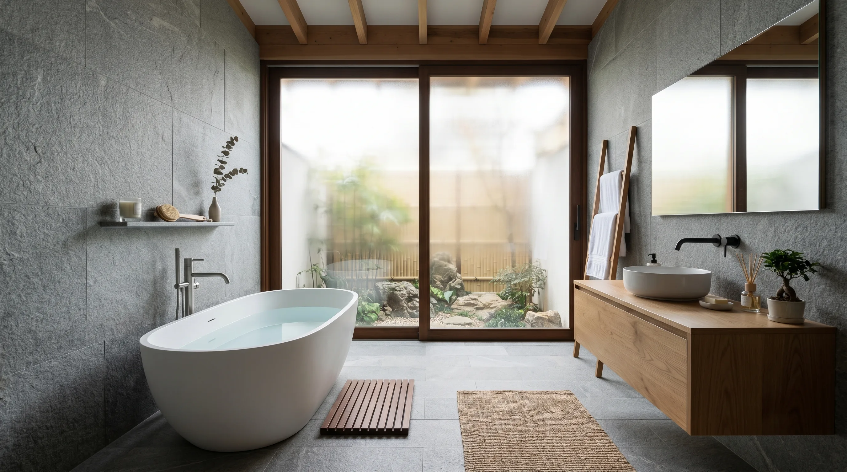 Cool grey stone bathroom with a modern Zen vibe.