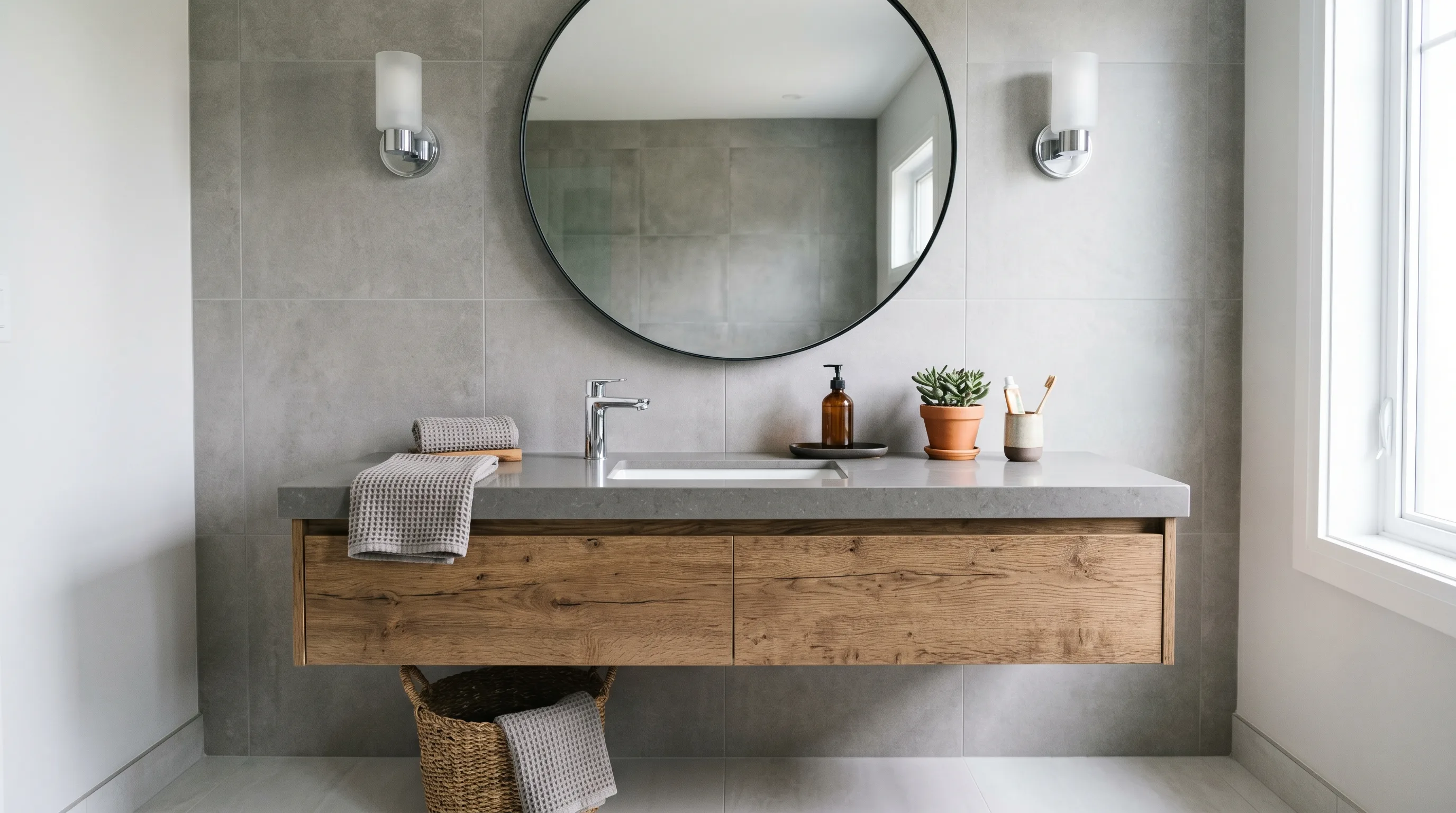Grey stone as the main surface in a modern Zen bathroom.