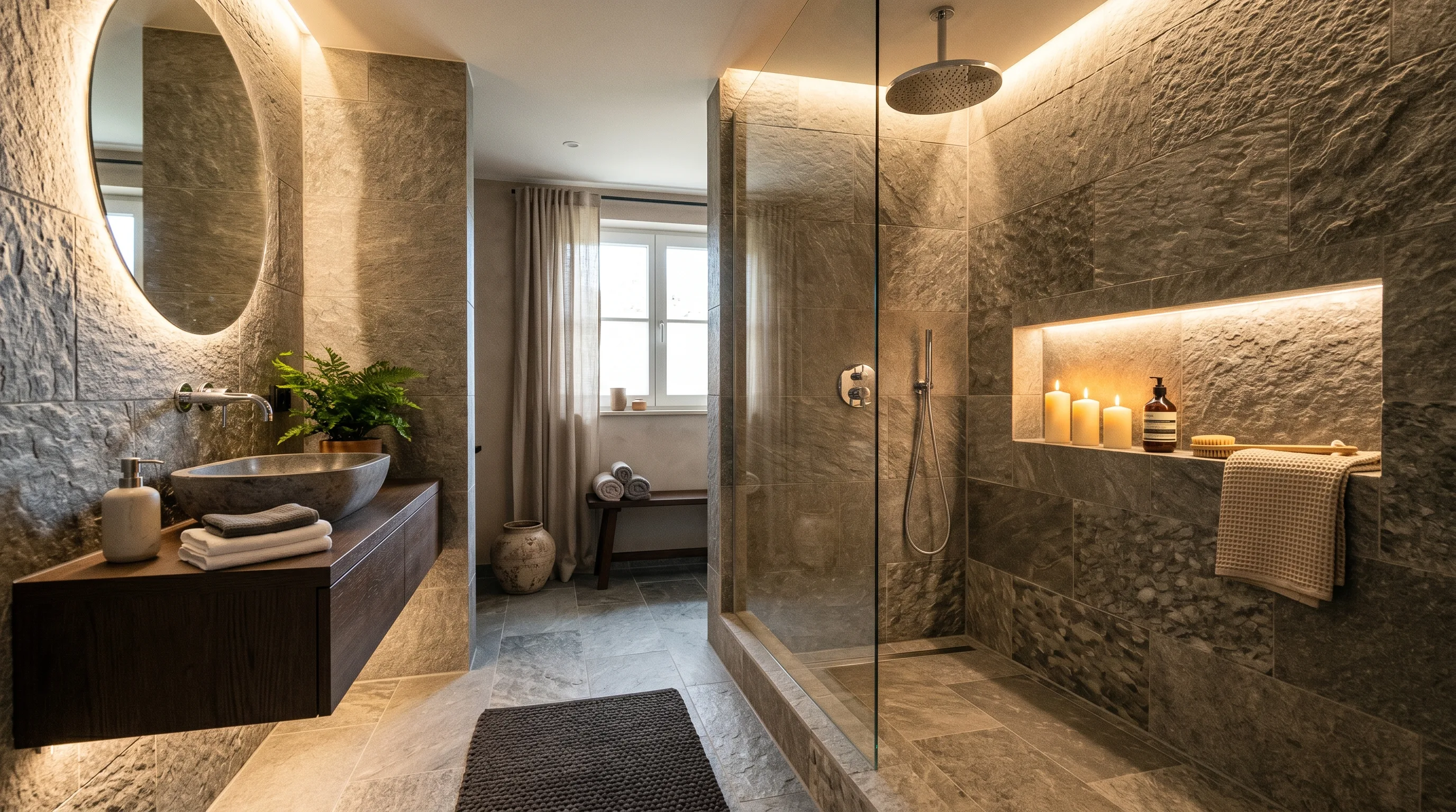 Warm wood accents paired with cool grey stone.